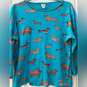 Jess & Jane Teal Dachshund Weiner Dog Embellished Print Long Sleeve Top